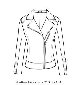 Motorcycle biker jacket coat. Unisex style. Fashion sketch. Flat technical drawing. Vector illustration.