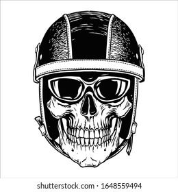 Motorcycle biker skull head with helmet, goggles. Hand drawn line art black on white background. Skull moto vector illustration for design print shirt, poster, textiles, tattoo, emblem, cover.