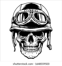 Motorcycle biker skull head with helmet, goggles. Hand drawn line art black on white background. Skull moto vector illustration for design print shirt, poster, textiles, tattoo, emblem, cover.