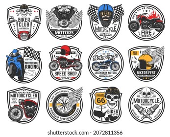 Motorrad- und Bikerskull in Helm Vektorsymbole des Motorsports, Biker Club, Motorgarage. Motorrad, Fahrrad, Motorrad, Motorkolben, Motorrad, Hubschrauber, Rennflagge und Zündkerzen, einzelne Abzeichen