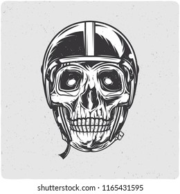 Motorcycle biker's skull. Black and white illustration. Isolated on light backgrond with grunge noise and frame.