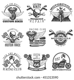 Motorcycle black emblem set with descriptions of custom bikes live fast die young racing club born to ride vector illustration