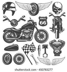 Motorcycle black isolated icon set with recognizable objects and attributes of bikers vector illustration