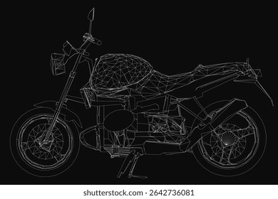 Motorcycle in black and white wireframe style, featuring detailed handlebars, seat, and wheels against a dark background. The intricate linework highlights the bike's mechanical structure.