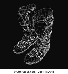 Motorcycle boots in 3D model showcase realistic texture and detailed wireframe structure on a sleek black background. The design highlights durability and modern aesthetics for riders.