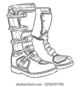 Motorcycle boots for motocross bikes. Leg protection. Enduro sport. Line style. Vector illustration.