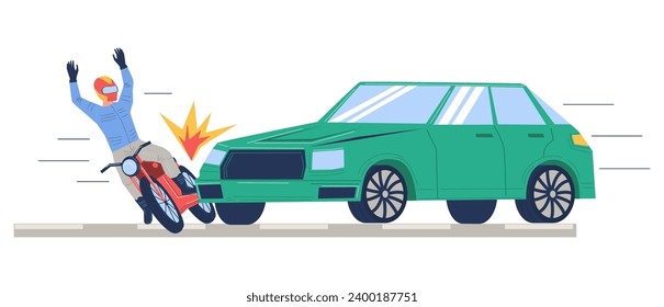 Motorcycle and car collision dangerous situation on city road vector illustration. Traffic rules violation and insurance concept