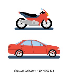 Motorcycle and car colorful set. Urban road transport. Vector illustration flat design. Isolated on white background.