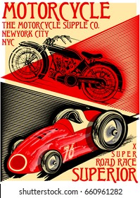 Motorcycle And Car Race Poster Tee Graphic Design