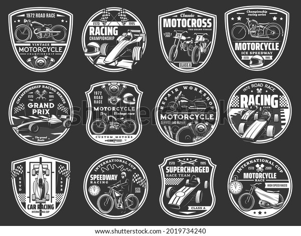 Motorcycle and car racing retro icons, motorsport\
road race team vector badges. Speedway cup, custom bikes workshop.\
Vintage motorbike, formula one classic cars, engine spare parts and\
racer helmet