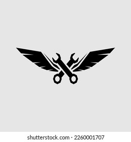 A motorcycle or car repair shop logo with a wrench and wings illustrates how to keep the repair shop in the air and famous
