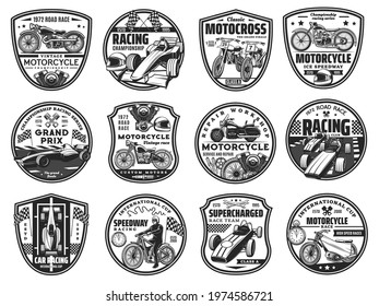 Motorcycle and car road race icons set. Retro chopper and modern motocross bikes, formula one cars and engine pistons, racer on motorbike engraved vector. Racing team, motorcycle repair service emblem