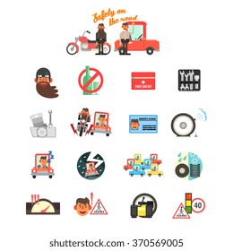 Motorcycle and Car Safety Drive Rules. Flat Vector Illustration Set