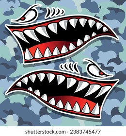Motorcycle and car vector graphic Flying tigers shark teeth shark mouth vinyl decal biker helmet sticker on camouflage background