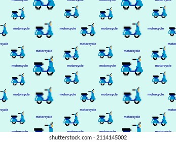 Motorcycle cartoon character seamless pattern on blue background.Pixel style
