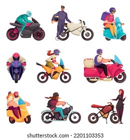 Iconos de dibujos animados para motocicletas ambientados con motociclistas y motocicletas aisladas ilustraciones vectoriales