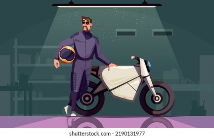 Motorcycle cartoon poster with cool male biker in garage vector illustration