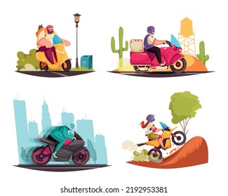 Montaje de dibujos animados en motocicleta con motociclistas en bicicleta y motocicletas ilustraciones vectoriales aisladas