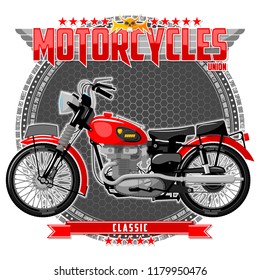 Motorcycle of a certain type, on a symbolic background. Motorcycle text and background are located on separate layers.