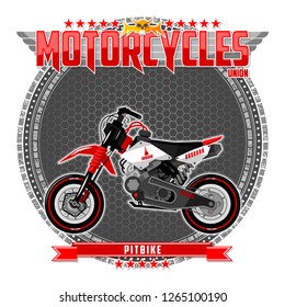 Motorcycle of a certain type, on a symbolic background. Motorcycle text and background are located on separate layers.
