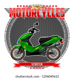 Motorcycle of a certain type, on a symbolic background. Motorcycle text and background are located on separate layers.

