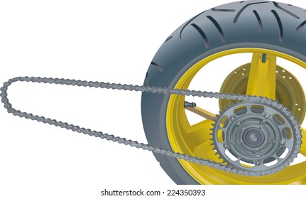 Motorcycle chain drive transmission with rear wheel - Illustration.