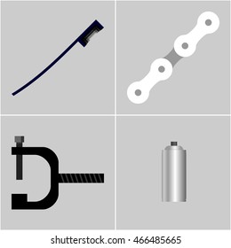 Motorcycle chain maintenance routine brush, chain breaker, lube spray tools isolated vector illustration