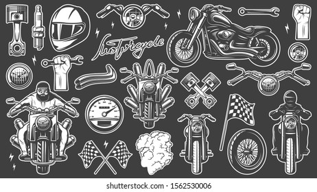 Motorcycle chopper, front and side, motorcycle driver, monochrome icon set with objects and attributes of motorbike, vector illustration. Racing helmet, piston, spark plug, wheel, headlamp, flag.