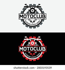 Motorcycle Chopper with Gear Logo Design Template. Suitable for Motorcycle Biker Shop Workshop Club Organization Business Brand Company in Retro Hipster Vintage Style Logo Design.