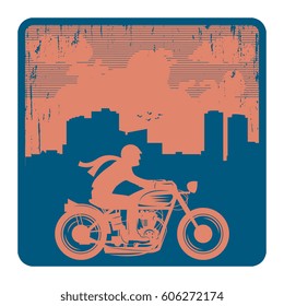 Motorcycle and city skyline. Emblem or sign of bikers club or event. Vector illustration