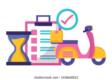 motorcycle clock clipboard check mark fast delivery logistic vector illustration