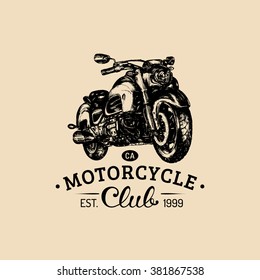 Motorcycle Club advertising poster. Vector hand drawn motorcycle for MC sign, label. Vintage detailed bike illustration for custom, chopper garage logo.