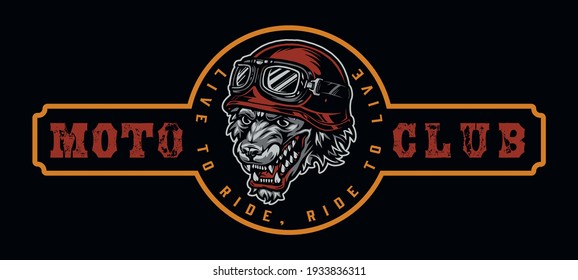 Motorcycle club colorful logo in vintage style with angry wolf head in moto helmet and goggles isolated vector illustration