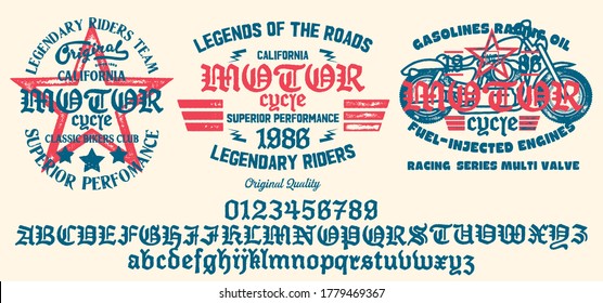 Motorcycle club community logo design.Decorative  font. Letters, Numbers and Symbols. Vector Illustration.