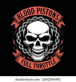 Motorcycle club emblem, angry skull with chains around. skull head logo vector