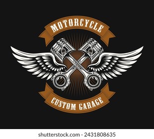 Motorcycle club emblem design with crossed wings and pistons