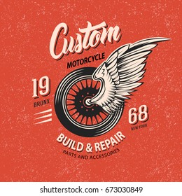 Motorcycle club emblem with winged wheel white and black inscriptions on terracotta grungy background vector illustration