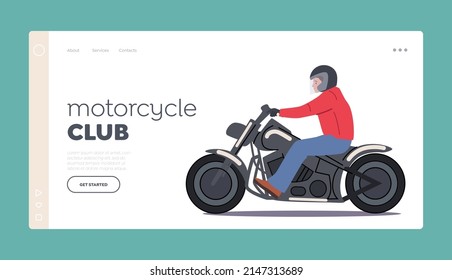 Motorcycle Club Landing Page Template. Man Wear Helmet Driving Cool Motor Bike, Biker Male Character Riding Scooter. Modern City Transport, Motorcyclist Rider. Cartoon People Vector Illustration