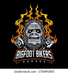 Motorcycle club logo with bigfoot and piston illustration