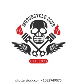 Motorcycle club logo, est 1979 design element for motor or biker club, motorcycle repair shop, print for clothing vector Illustration on a white background