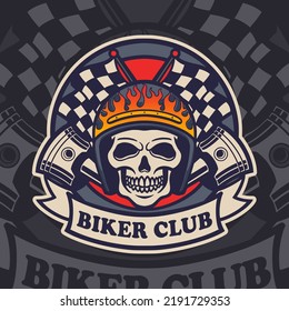 Motorcycle Club Skull Vintage Badge Logo. Skull with Helmet and Piston Label Design