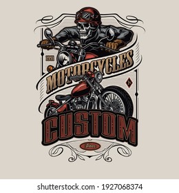Motorcycle colorful vintage badge with inscriptions motorbike and skeleton in biker helmet and goggles riding motorcycle on light background isolated vector illustration