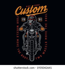 Motorcycle colorful vintage label with letterings and ferocious gorilla riding moto bike isolated vector illustration