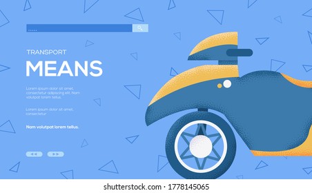 Motorcycle concept flyer, web banner, ui header, enter site. Grain texture and noise effect. Place for text, place for copying. Modern illustration slider site page. Vector design image.