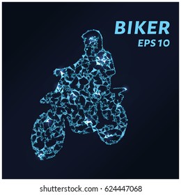 The motorcycle consists of points, lines and triangles. The polygon shape in the form of a silhouette of a motorcycle on a dark background. Vector illustration.
