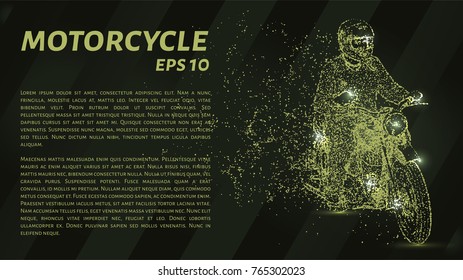 The motorcycle consists of points. Particles in the form of a motorcycle racer on a dark background. Vector illustration. Graphic concept motorcycle.