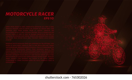 The motorcycle consists of points. Particles in the form of a motorcycle racer on a dark background. Vector illustration. Graphic concept motorcycle.