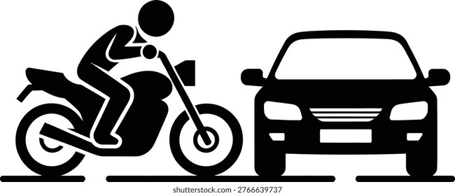 motorcycle courier riding next to parked car in urban setting flat design