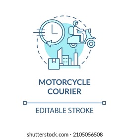 Motorcycle courier turquoise concept icon. Transport for delivery business abstract idea thin line illustration. Isolated outline drawing. Editable stroke. Roboto-Medium, Myriad Pro-Bold fonts used