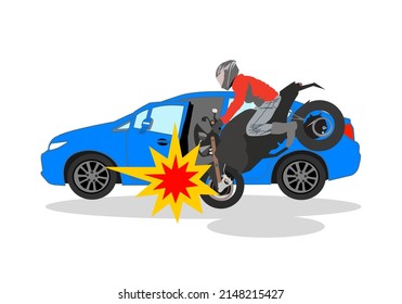 Motorcycle crash a car at the door car. The accident is between a black motorcycle and the blue blue car.